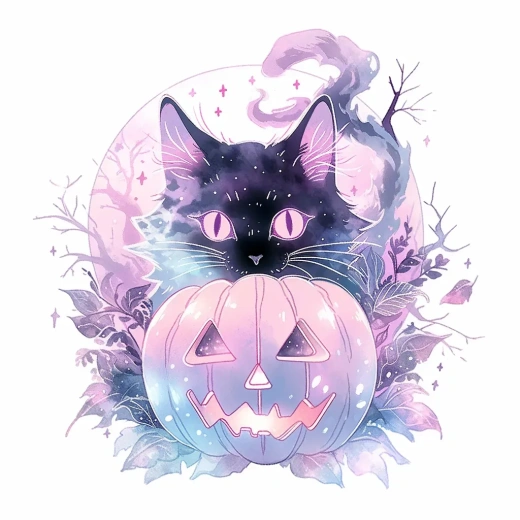 幽灵万圣夜：淡粉紫蓝调黑猫水彩画