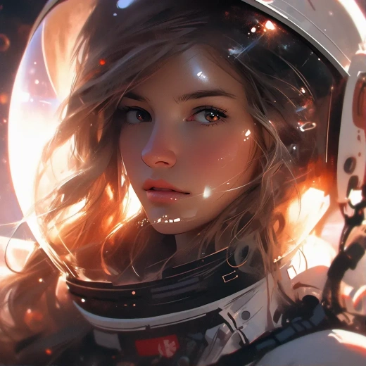 宇航员女战士戴头盔在星系背景下的太空之旅