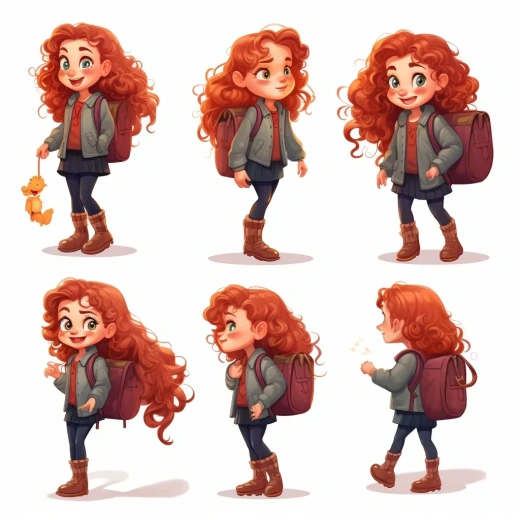 红发卷毛俏女孩儿背书包的多角度插画