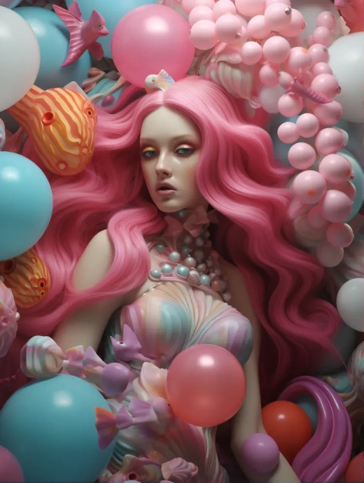 粉色梦幻美人鱼：糖果色调的动漫风格雕塑