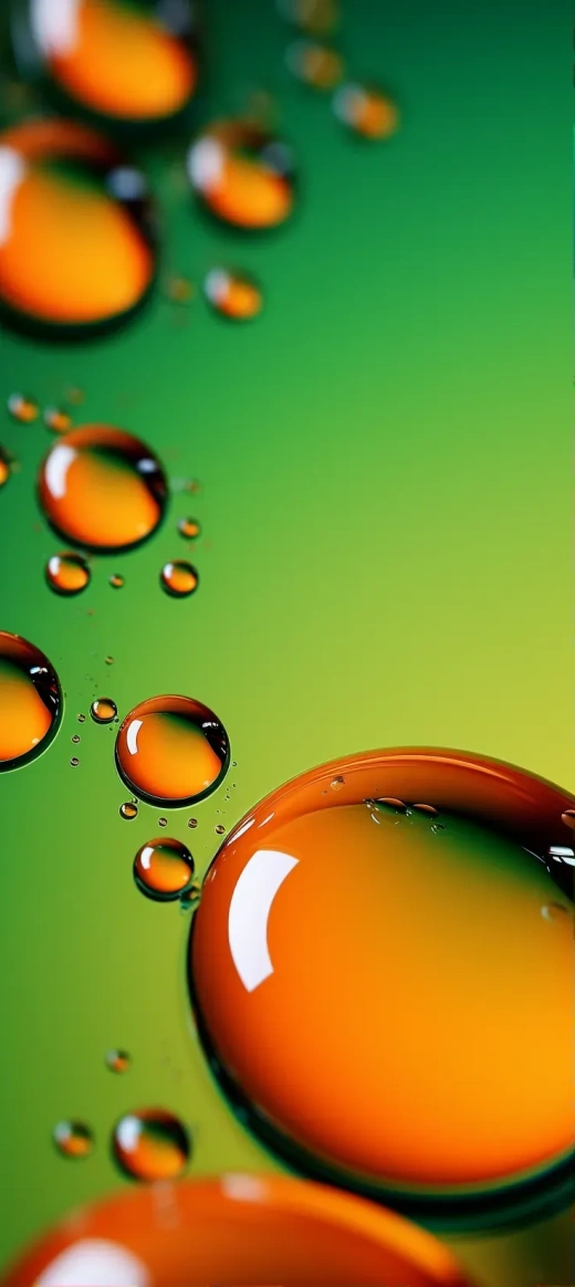 iOS壁纸：橙绿主题的油滴艺术，鲁道夫·豪斯纳风格，充满活力的色彩与发光球体