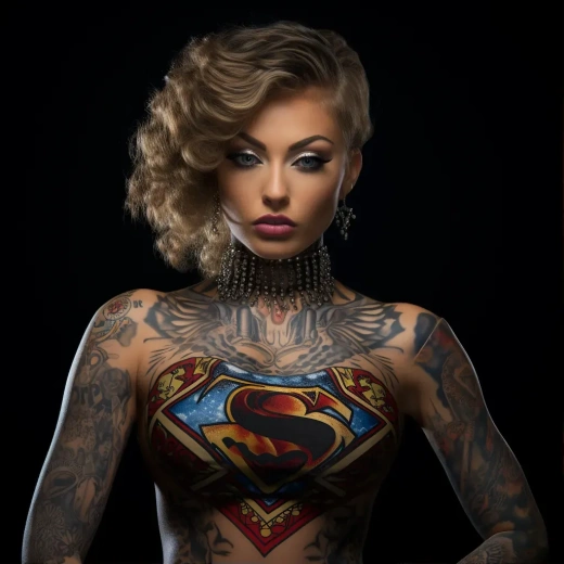 高動態范圍風格下的超級女英雄上半身魅力寫真，異域寫實，紋身靈感，女性強度