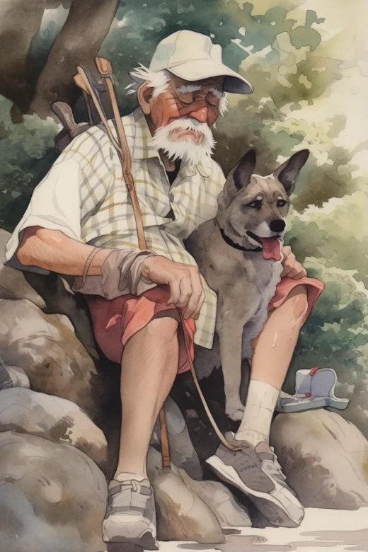 老翁與犬：夸張卡通水彩畫