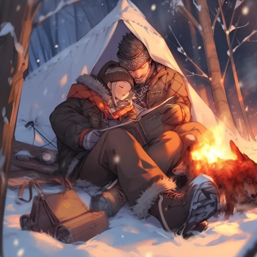 雪山清晨，范海辛在篝火旁寫日記，米娜·哈克熟睡在他的身旁。
