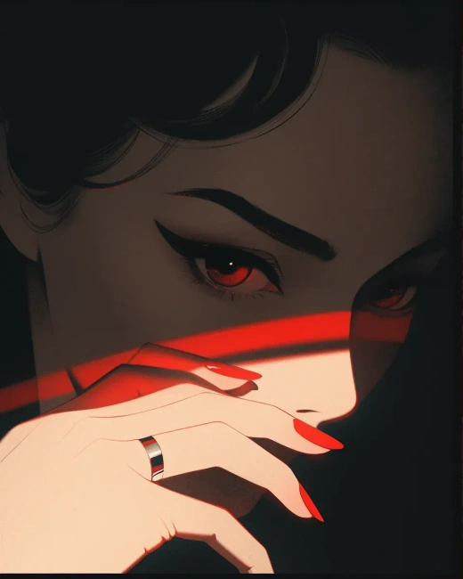 優雅女性手扶眼眸，光銅紅影顯靜謐