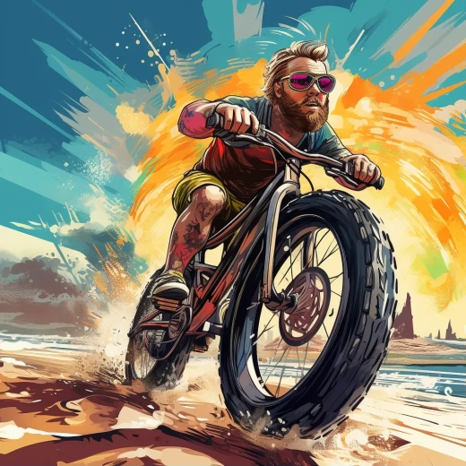 男子骑着特大号自行车在海滩上骑行的插画，轮胎上有涂鸦风格的大胆设计