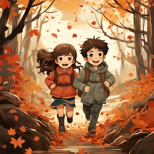 秋日里，中國小男孩和小女孩在樺樹林里與小狗嬉戲，紅楓葉飄落，畫面充滿歡樂。