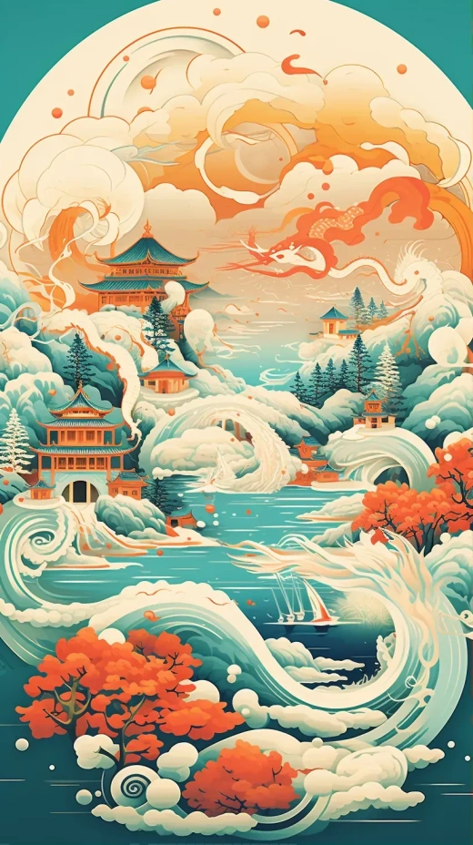 陶瓷上的現代中國海報：傳統山水風格與春節氛圍融合