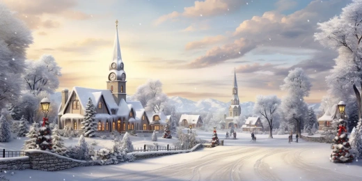 冬日里的浪漫雪景：100米长圣诞彩灯村教堂