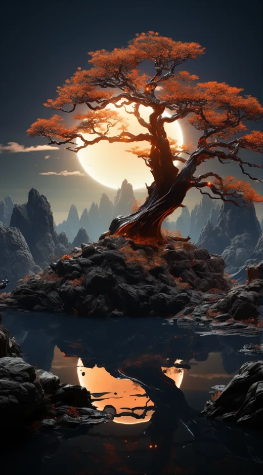 日落余暉下的未來奇幻樹影