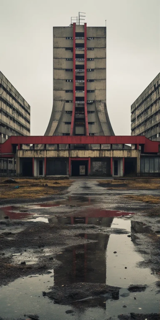 无窗的单体粗野主义塔楼与红门：冷战时代的荒凉广场
