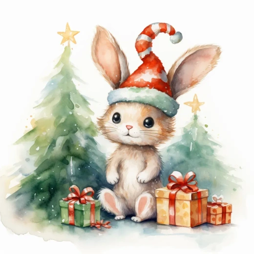 甜美可爱的圣诞小兔在丰满的圣诞树旁，戴着圣诞帽，身边堆满了礼物(水彩风格)