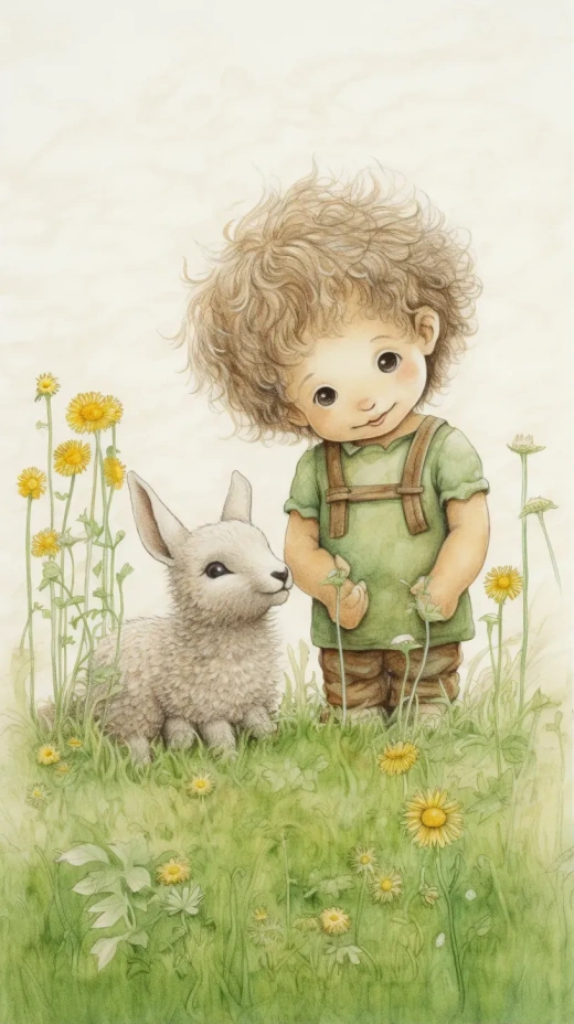 查尔斯·桑托索插图风格：无背景的粉彩草稿与可爱的绵羊