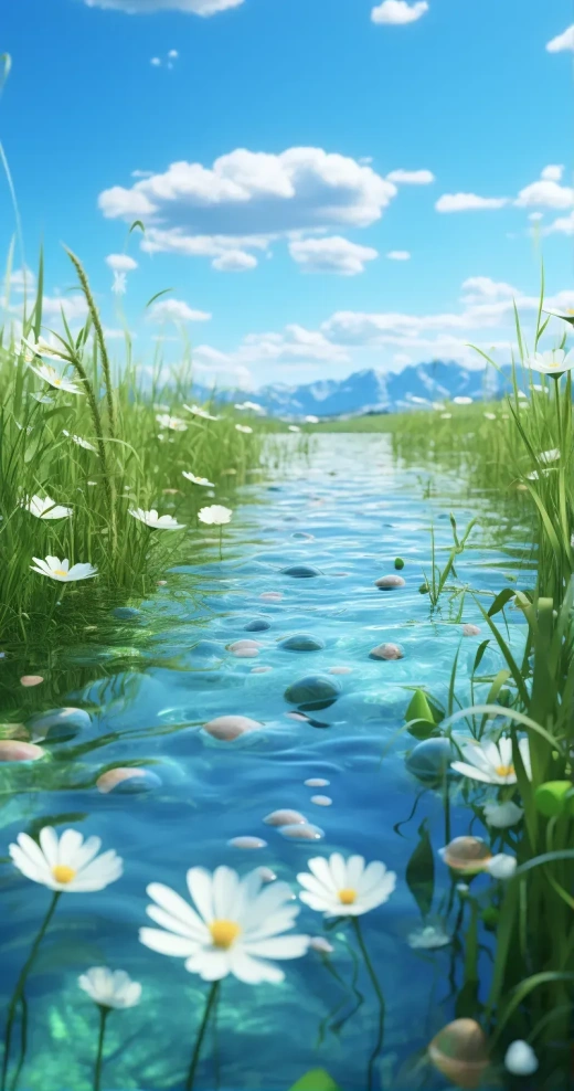 浪漫河景下的花草田野：3D动漫风格的壁纸