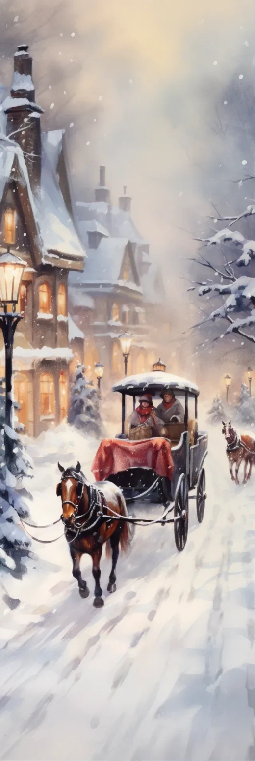 雪中圣诞马车行：水彩描绘乘客裹毯的温馨画面