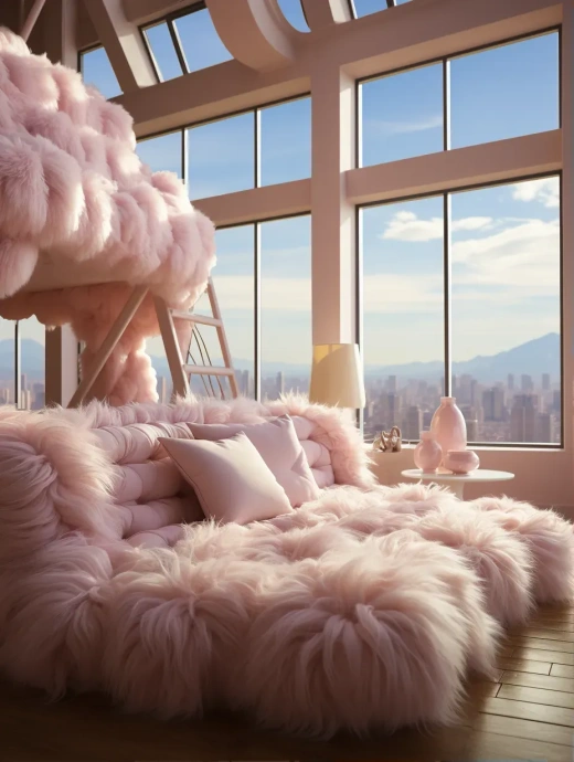 粉色巨兽床上摆满毛绒枕头，明亮大房间里充满阳光与童趣