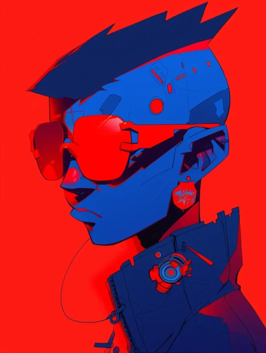 酷炫男孩：波普艺术风格的炫酷设计，黑蓝红调，克里斯·库宁汉与机器人表现主义，柯达Plus-X胶片，赫尔曼·布罗德，激进的漫画风格。