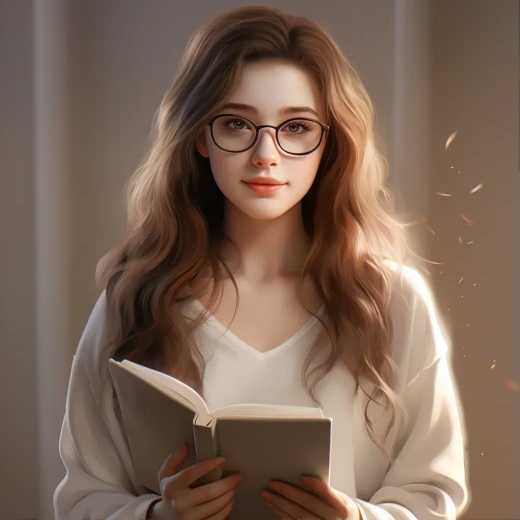 长发戴眼镜女孩，手拿书的3D模型，柔和色调，清晰背景