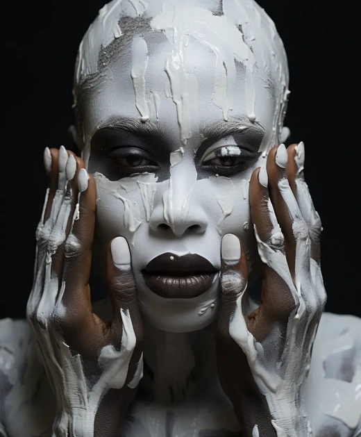 非洲女性面孔被多只白色画手举起，风格为名人形象混搭，表面光滑，维梅尔，逼真人物，雷诺阿式，强烈明暗对比，概念艺术——ar 5:6——风格原始——s 250