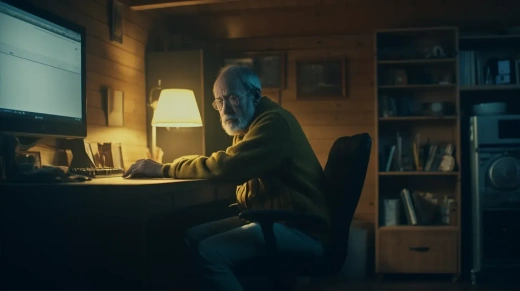 寂寞父亲在电脑前，冷光下独坐木屋办公室。
