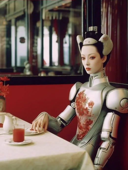 《20世纪80年代中国：美丽机器人与人类美女共进晚餐》
