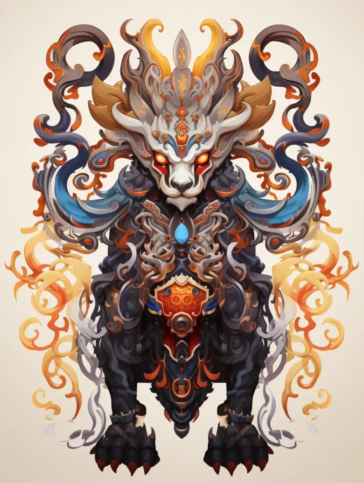 中國(guó)神話動(dòng)物全貌彩色水墨插畫：商周裝飾風(fēng)格與獨(dú)特角色設(shè)計(jì)