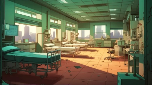 日本医院2D动画，海外背景，夸张风格，8K分辨率，16:9宽屏，5.1声道，立体声。