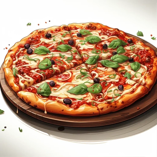 意大利披萨：大尺寸，正面视角，白色背景，卡通风格