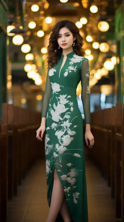美丽的20岁西方女孩，越南奥黛和配件的翡翠绿与珍珠白色彩。全身照，专业摄影：背头-0.2，侧面-0.1，宽高比9:16，视频帧率为5.2，原始风格。