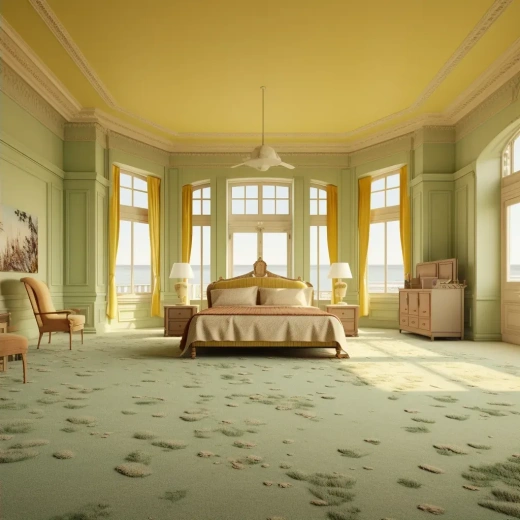 超现实豪华酒店：大窗户和柔和绿色墙壁的卧室，黄色地毯铺设在地板上