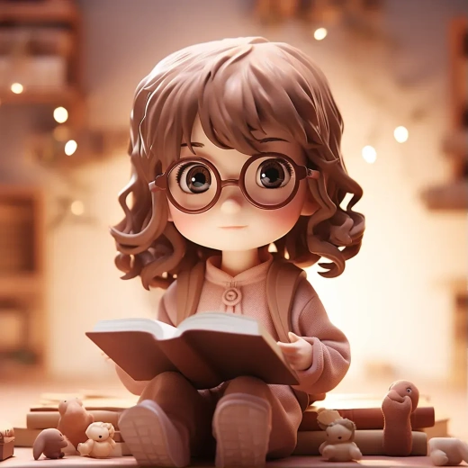時尚女孩：棕發戴眼鏡，手持圖書，柔色調，3D模型，細膩光澤，干凈背景。