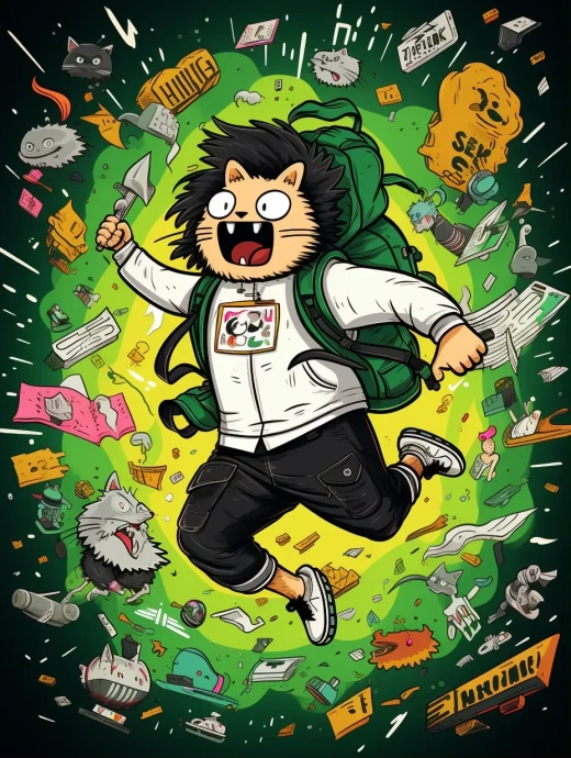 超萌時尚貓：巨大卡通貓穿著潮流服飾，手捧貓咪，長發飄舞