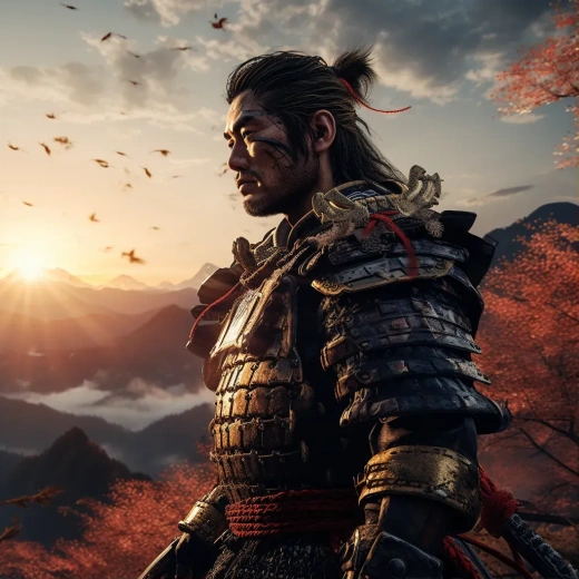 武士立于日本黃昏，凝視遠方：8K超高清動態場景展示