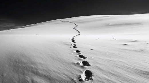 黑白足迹雪景，菲利普·帕尔诺风格，沙漠波，弗朗索瓦·舒瓦坦，精确线条，奥斯卡·多明格斯，M42山，Hikecore 8K分辨率渲染