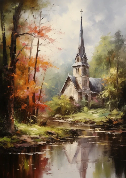 梦幻浪漫：描绘林中教堂的旧油画，细腻描绘河流景色，南方哥特风格与浪漫主义情怀相融