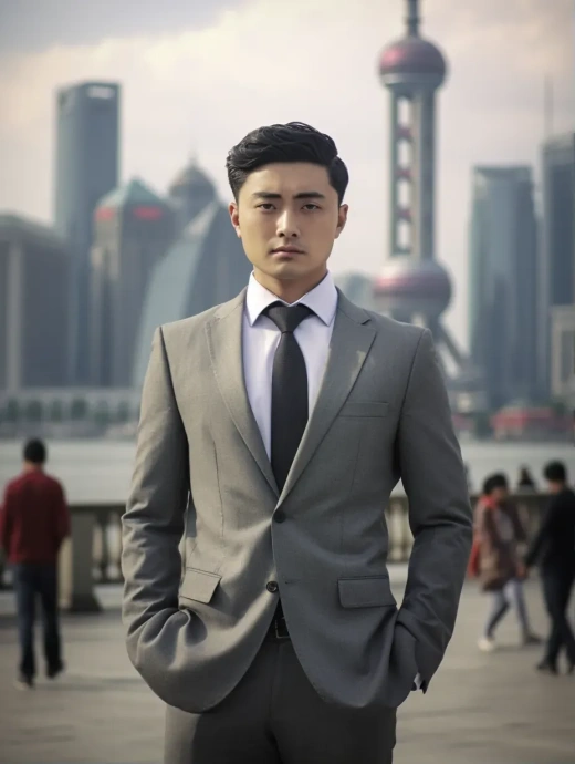 上海外滩的帅气中国男子：优雅风度与现实摄影效果