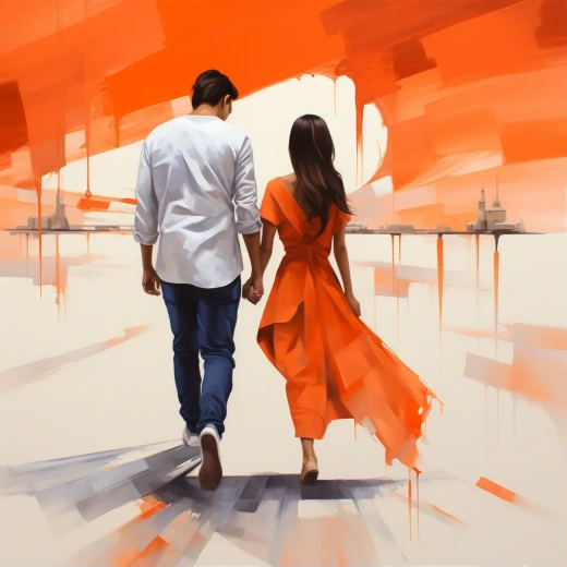 情侣之间的距离：抽象艺术描绘，白衬衫男子与长橙色披肩女子，鲜艳插图，现代风格，1:1比例，5.2版本