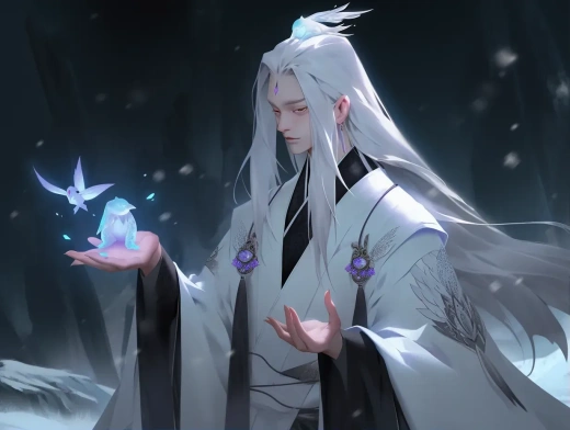 白發(fā)仙翁：星之藝術(shù)團(星星)動漫封面，淡紫與淡藍風格，雪景中的透明魅力