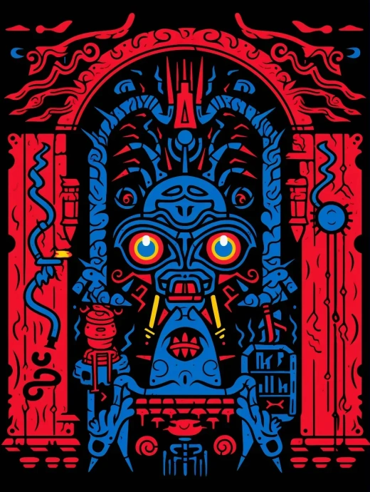 中國門神持武器全身藍，Keith Haring風格涂鴉插畫，銳利線條和鮮明色彩，簡約細節(jié)，極簡主義，Grunge美學風格，混搭圖案，文字與表情符號裝置 - S200 - AR3:4