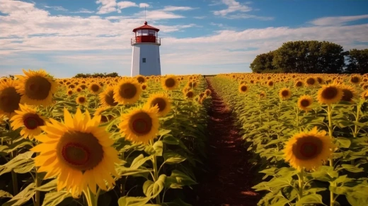 在康涅狄格州，太阳花田的广角镜头与和平标志灯塔