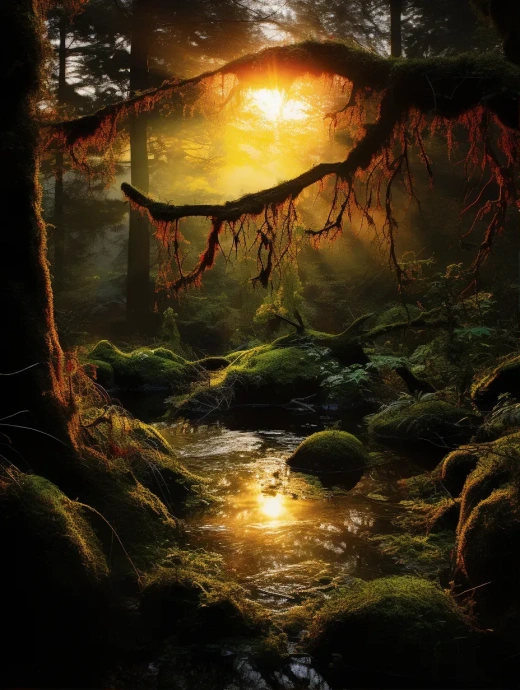 夕阳照耀着深林的苔藓，高清全景照片展现传统水墨画魅力