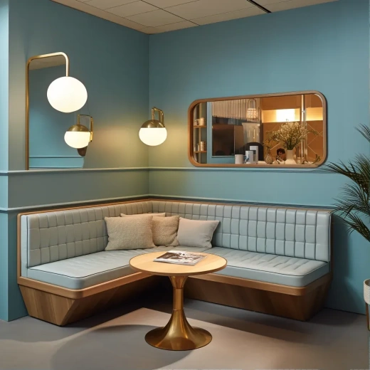 超现实布景：蓝色墙壁与电视座椅，温暖色调与德沃尔风格的搭配