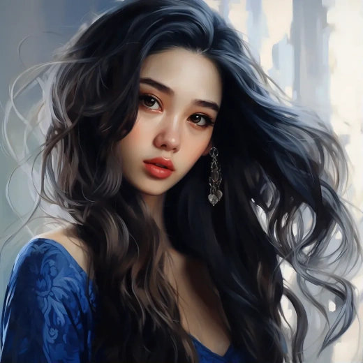 迷人亞洲美女特寫：大眼長發，精致妝容，商業插畫中的完美詮釋