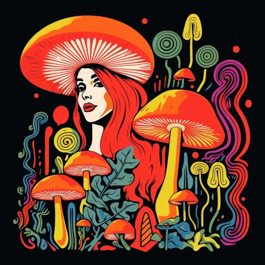 《蘑菇与植物的霓虹插画：波普艺术风格的丝网印刷》