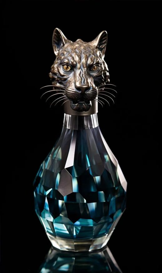 神秘紫晶瓶中的豹首水晶塞瓶，透出神秘灰光的液体