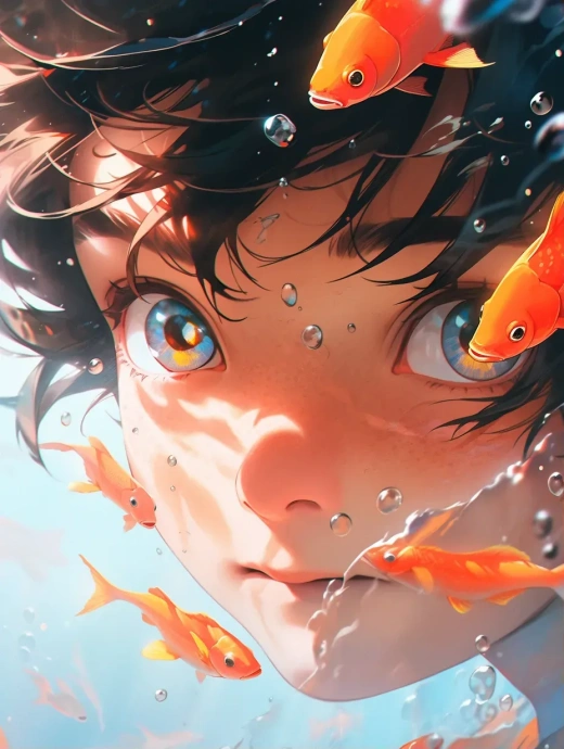 夢幻水中男孩與紅魚的唯美畫面
