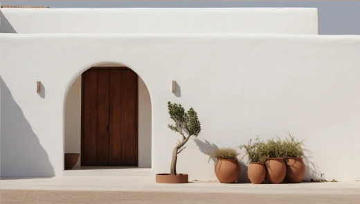 白色房子前摆放仙人掌，极简风格与地中海气息相结合