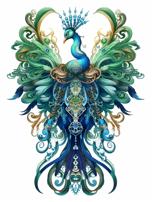 彩色水墨画艺术：中国古代神话动物凤凰全身透视图