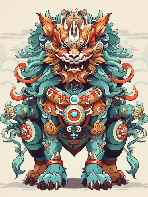中国神话动物全貌彩色插画：色彩与白描艺术的融合