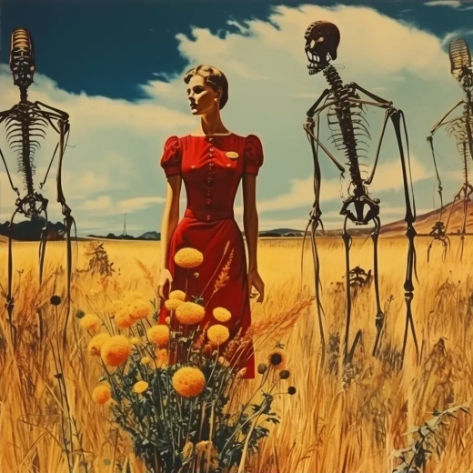 1910年代超现实主义：17岁模特漫步田野，红裙飘逸，奇异梦幻，背景巨骨长颈鹿伴花嬉戏，暖黄闪电。